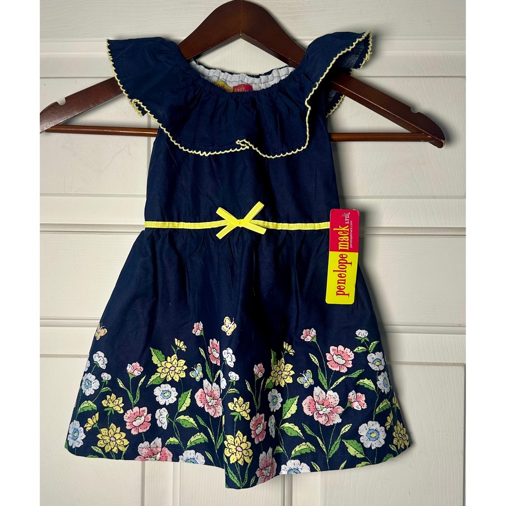 Penelope Mack Navy‎ Blue Floral Print 12 M Spring Dress with Yellow Trim NWT